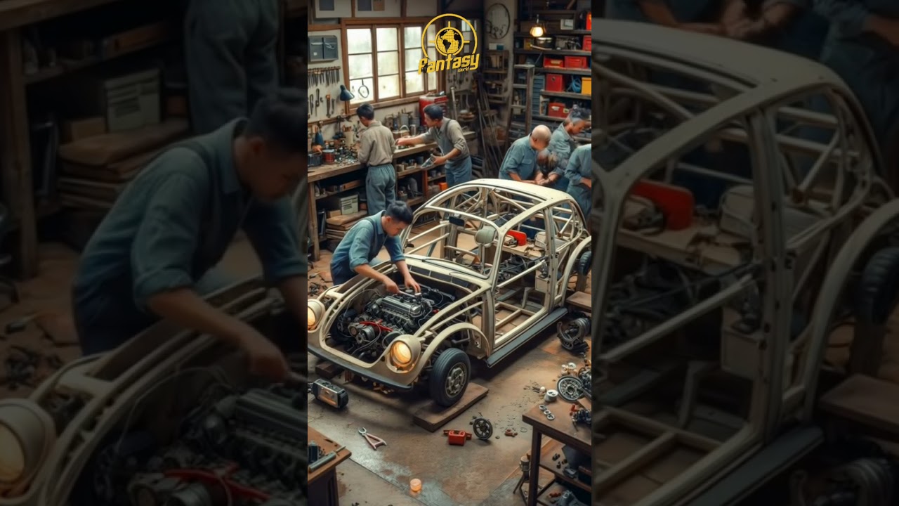 AI|workers who are dismantling and repairing car engines and car bodies