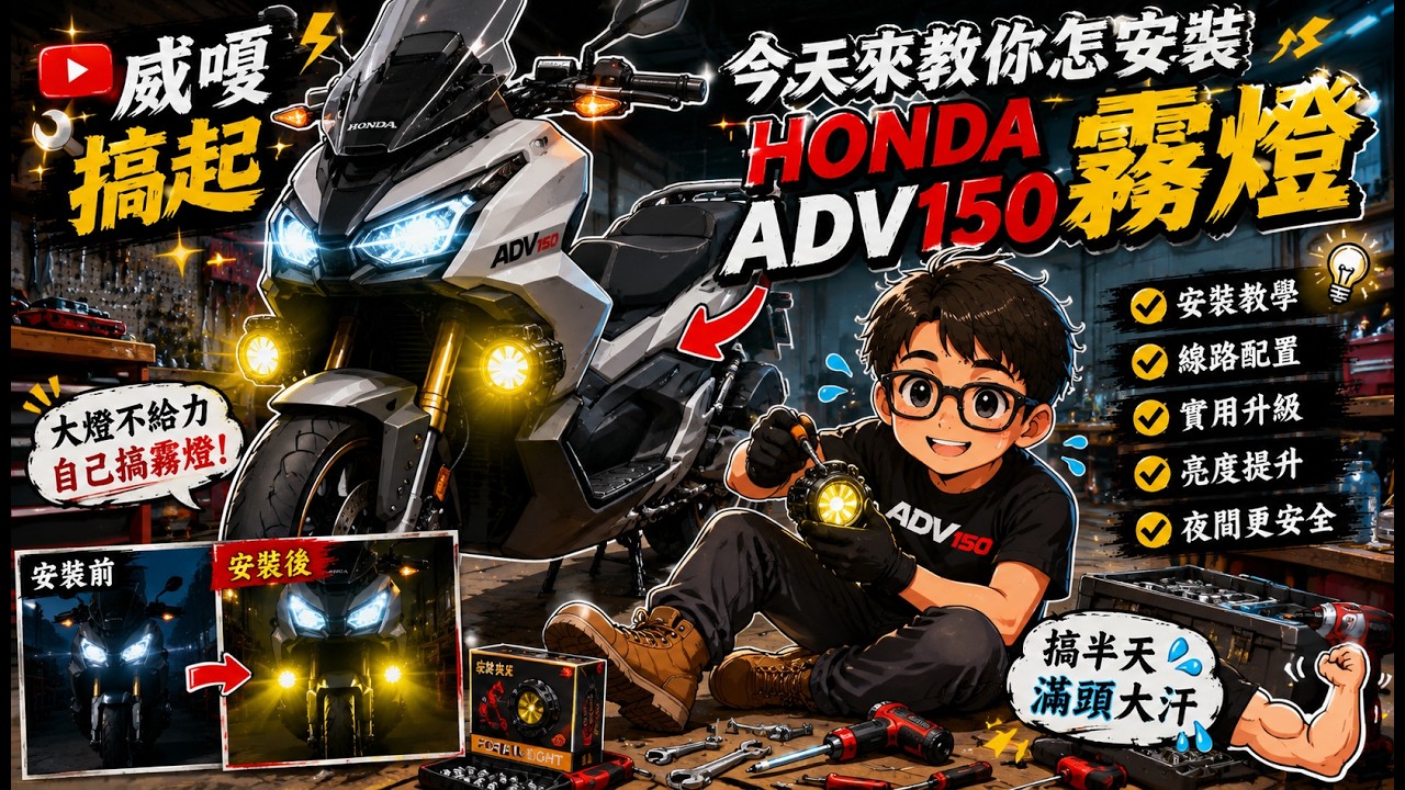 【威嘎搞起】今天來教你怎安裝 HONDA ADV150 霧燈，因為大燈不給力自己搞霧燈，搞半天滿頭大汗
