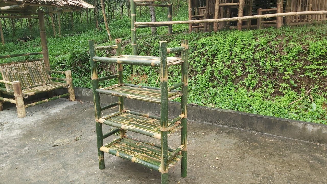 DIY.How to make shoe racks from bambooYoung man making bamboo shoe racks. life in the forest