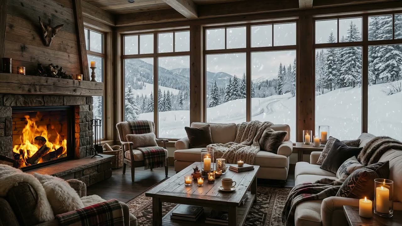 Cozy Living Room 🏡 Fireplace Glow While Gentle Snow ❄️ Falls Beyond The Frosted Window
