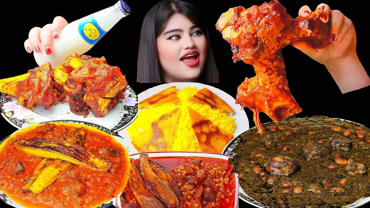 ASMR Mukbang Persian Food | Ghormeh Sabzi & Gheimeh Bademjan, Saffron Rice, Bone Marrow