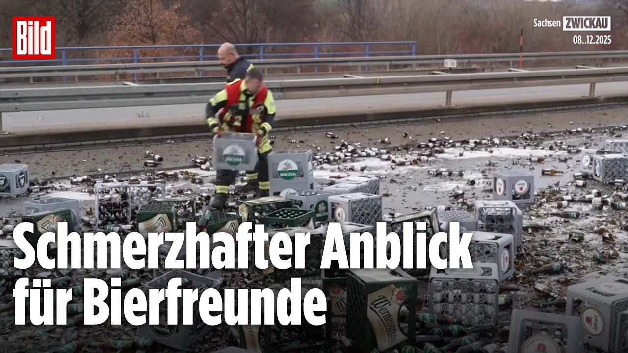 Bier-Unfall auf der Autobahn: LKW verliert 400 Kisten kurz vor Weihnachten &ndash; Feuerwehr im Einsatz