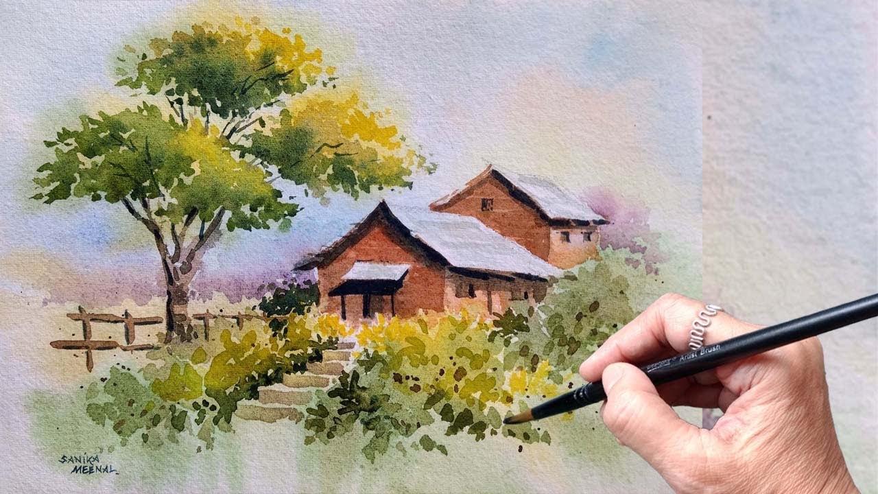 🎨 How To Paint A Simple Landscape Painting Step By Step Tutorial | Watercolor | Watercolour