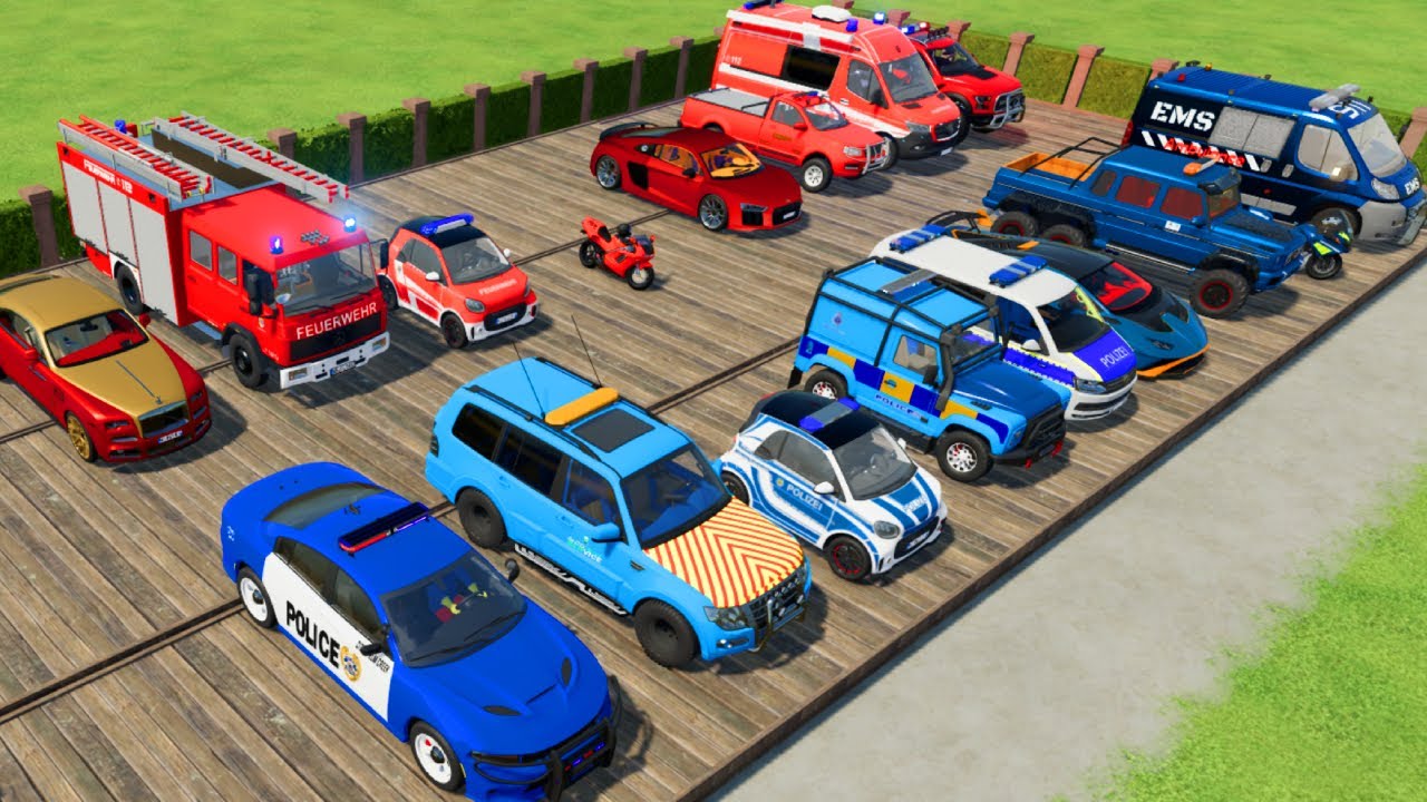 TRANSPORTING CARS, AMBULANCE, POLICE CARS, FIRE TRUCK OF COLORS! WITH TRUCKS! - FS 22