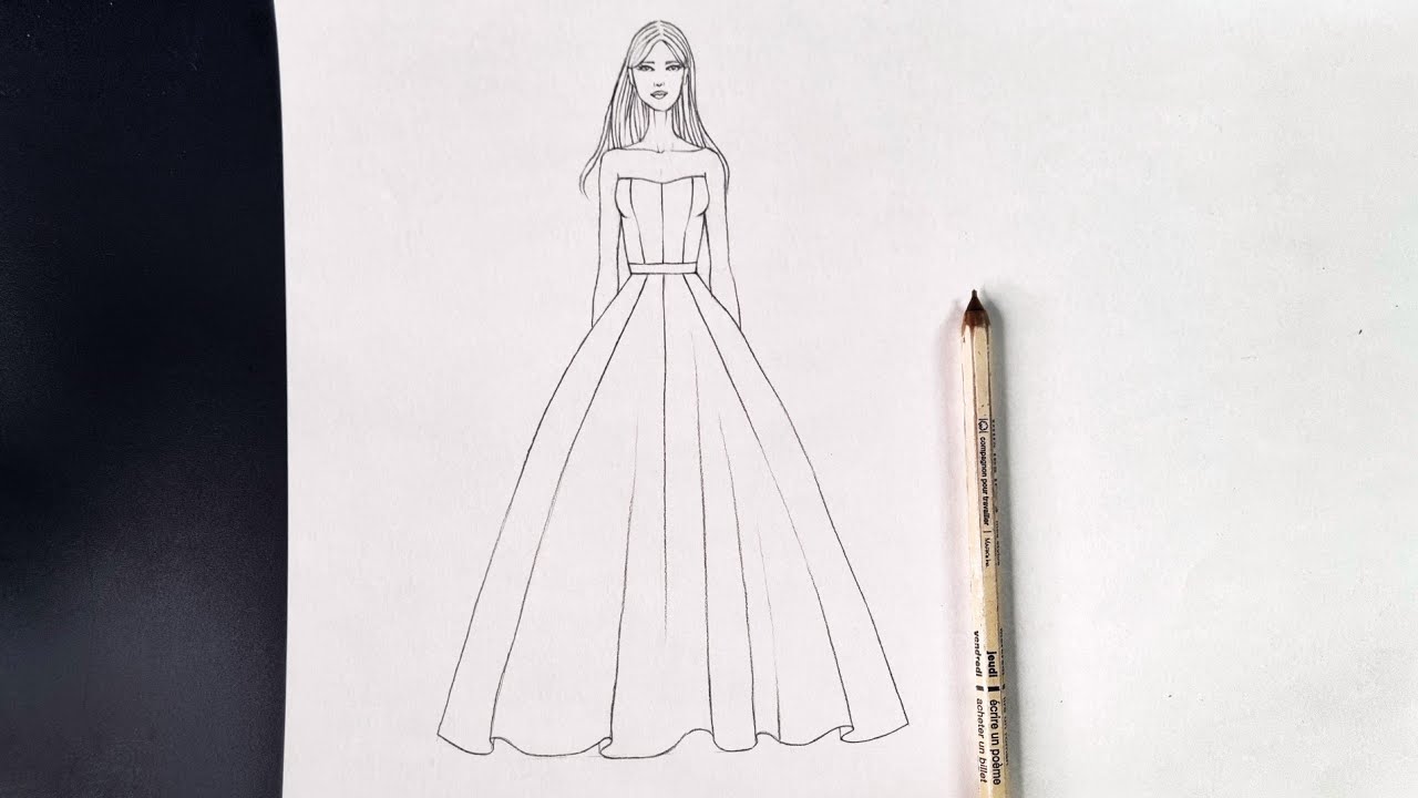 Tutorial Gambar Sketsa Desain Baju Pesta Pemula | How to Draw a Fashion Girl | Dress Design Drawing