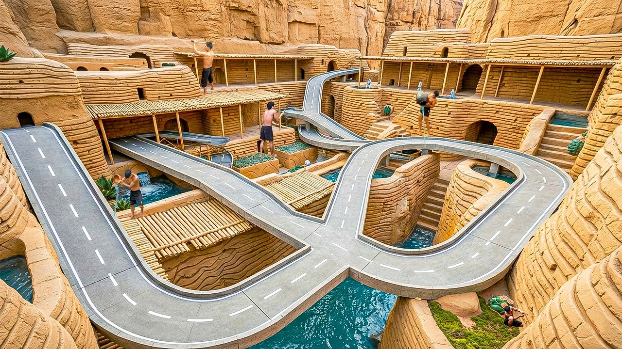 250 Days Building a Desert Canyon Water Park with Road Shaped Slides and Pools Using Primitive Tools