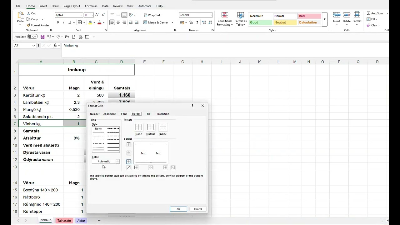 Excel – Verkefni 2 – Liður 7 – Grunnlínur