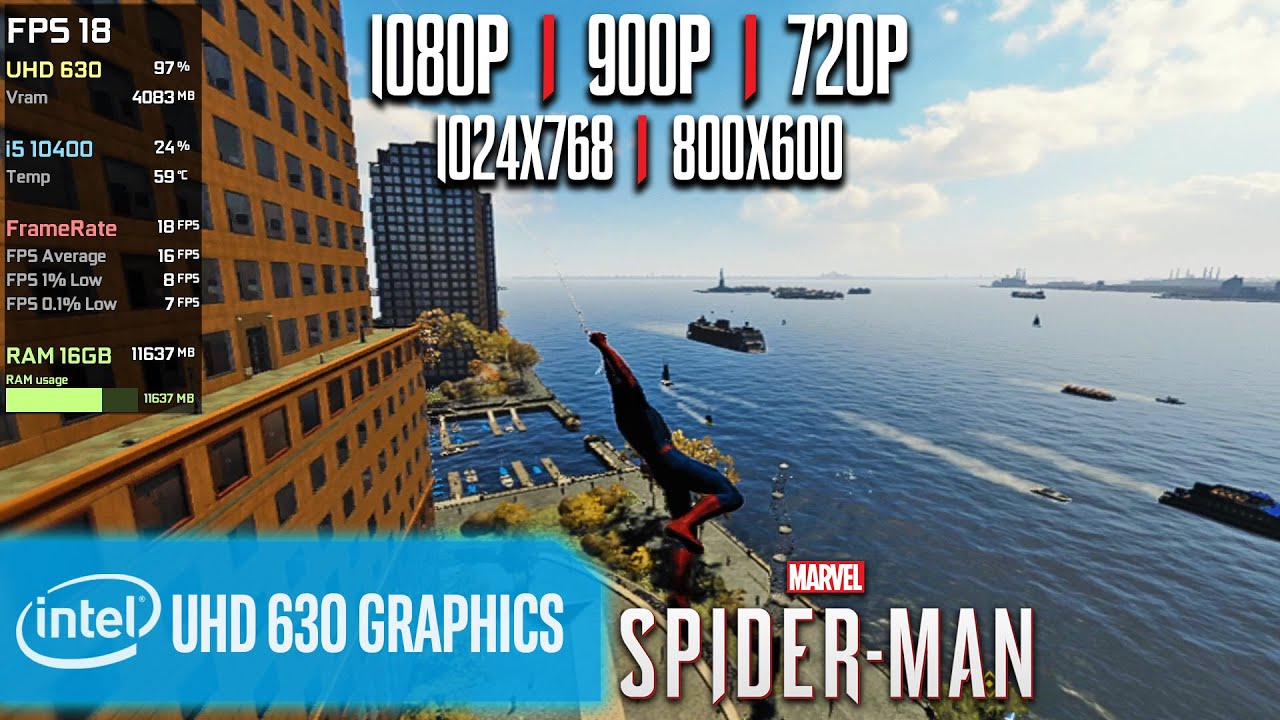 Intel UHD 630 | Marvel's Spider-Man - 1080p, 900p, 720p, 1024x768, 800x600