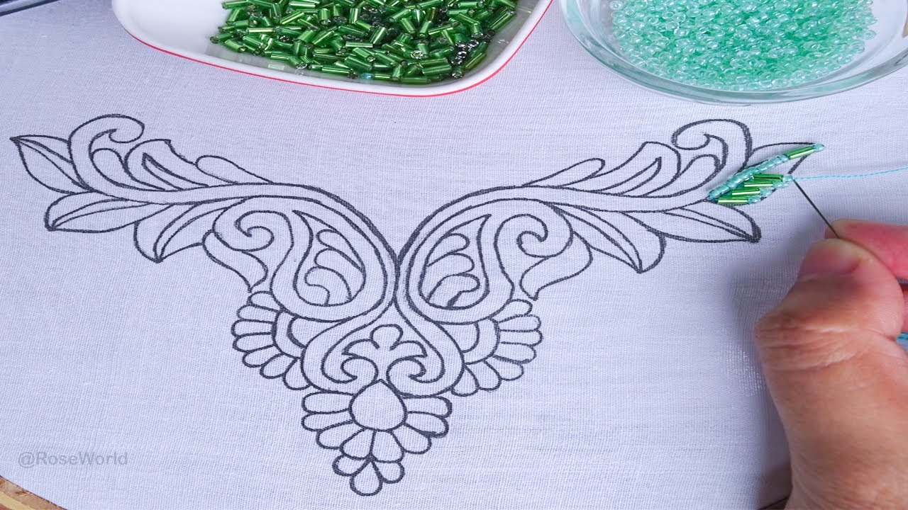 Beaded hand embroidery neck line beautiful design for dress kurti with glass beads | Beads Work