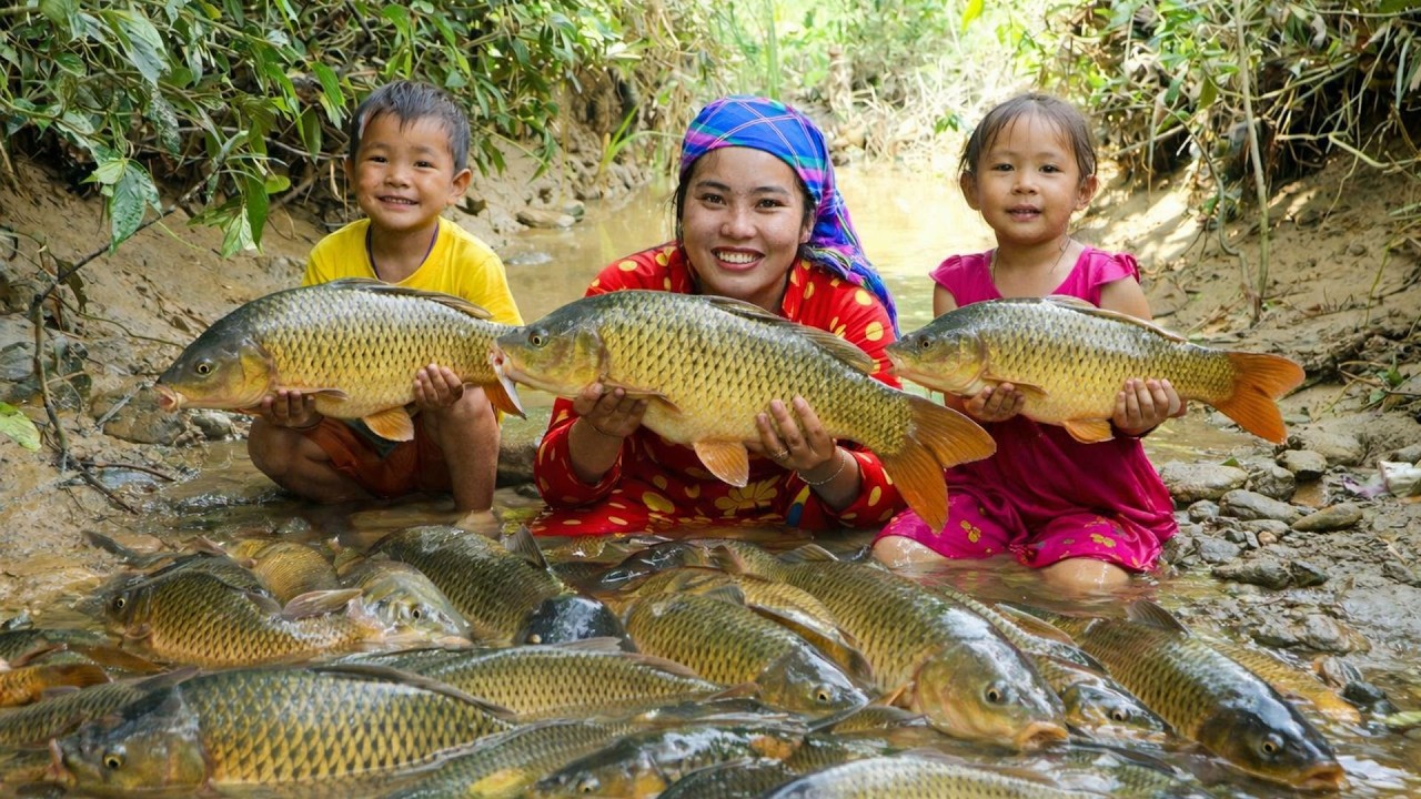 Catching Huge River Fish for Market Sale | Rural Family Cooking