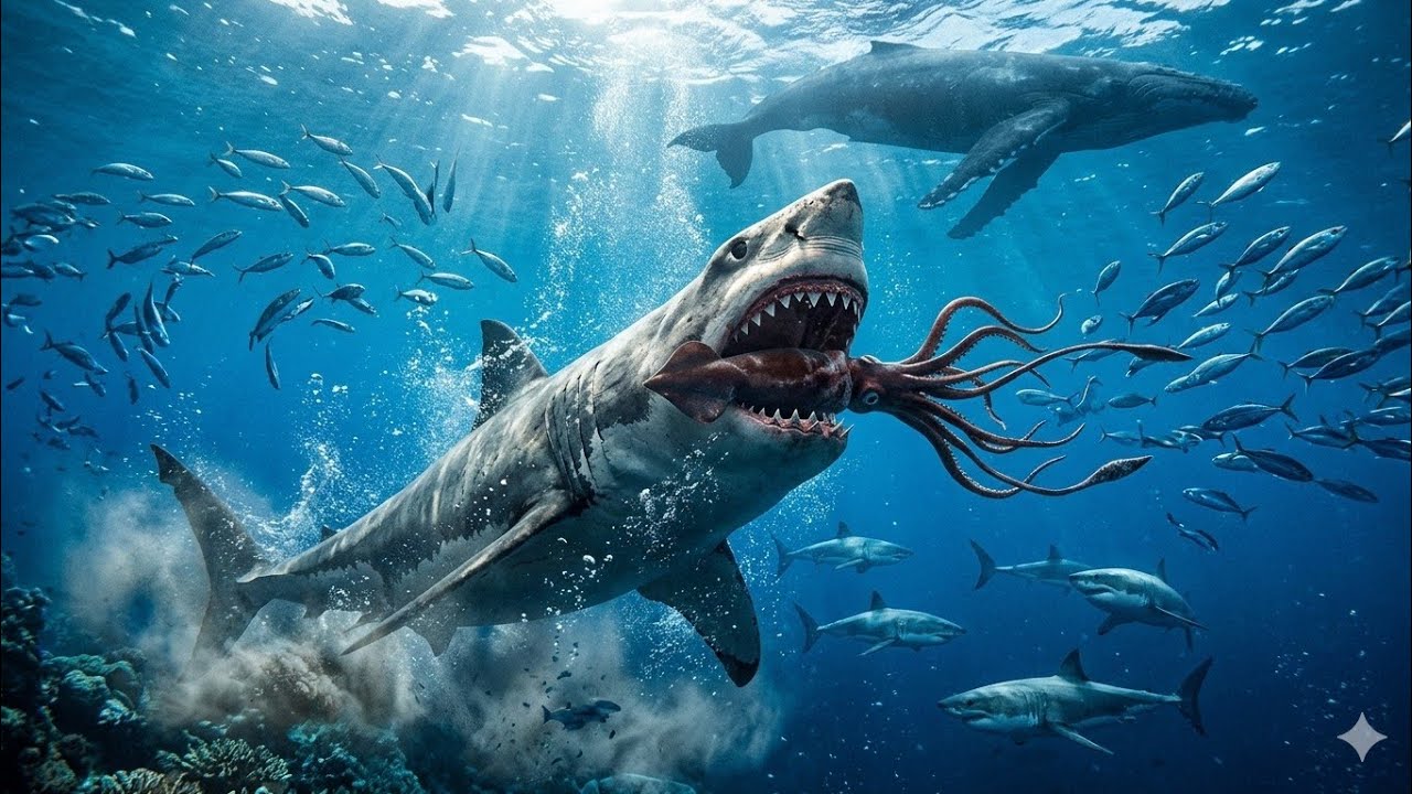 Что если МЕГАЛОДОН появится в современном океане? 🦈megalodon#океан#акулы#giantsquid#deepsea