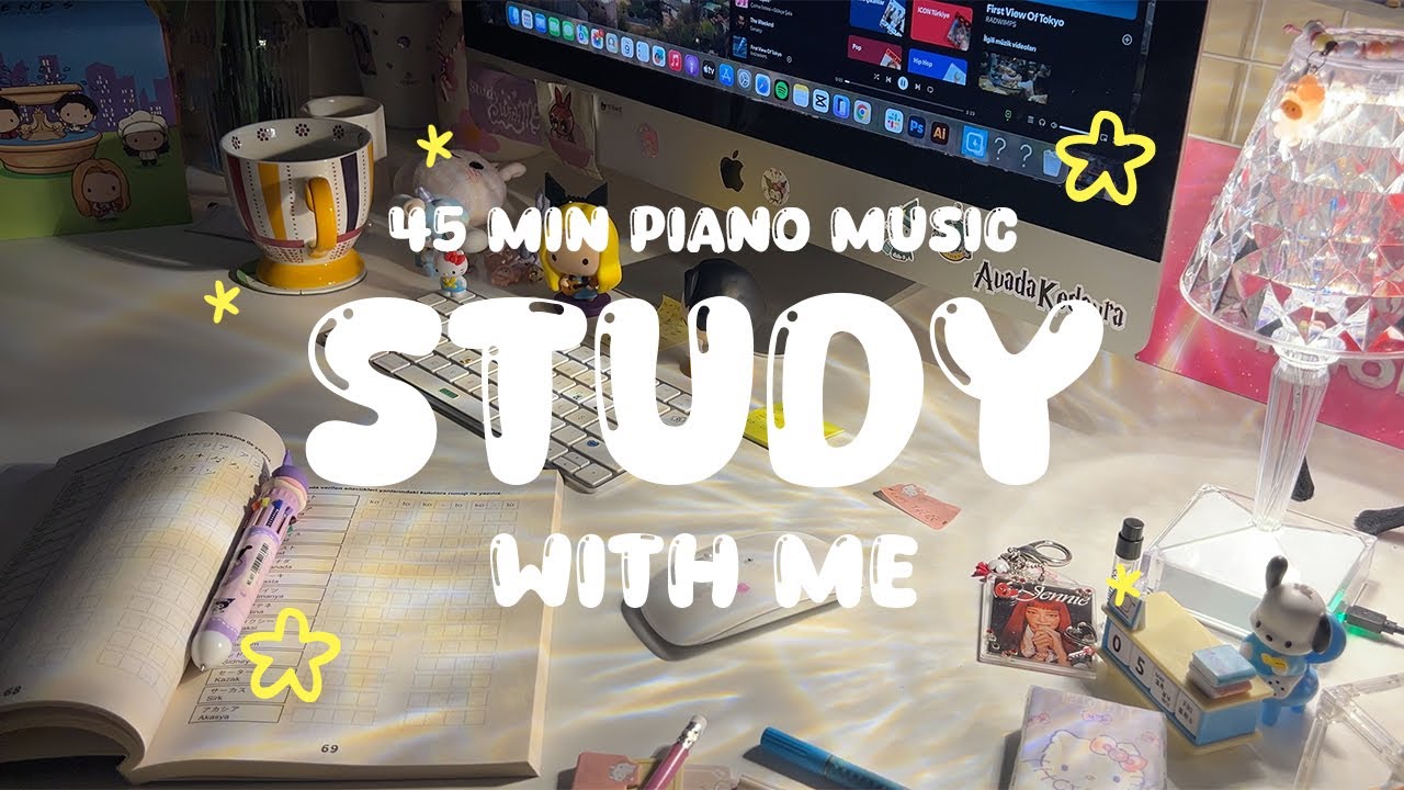 real time study with me ( calm piano ) 45 minute 🌙 note taking  , pencil write