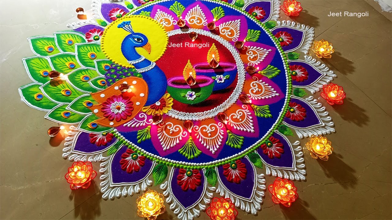 Diwali special big rangoli wth peacock and diya with voice demonstration.