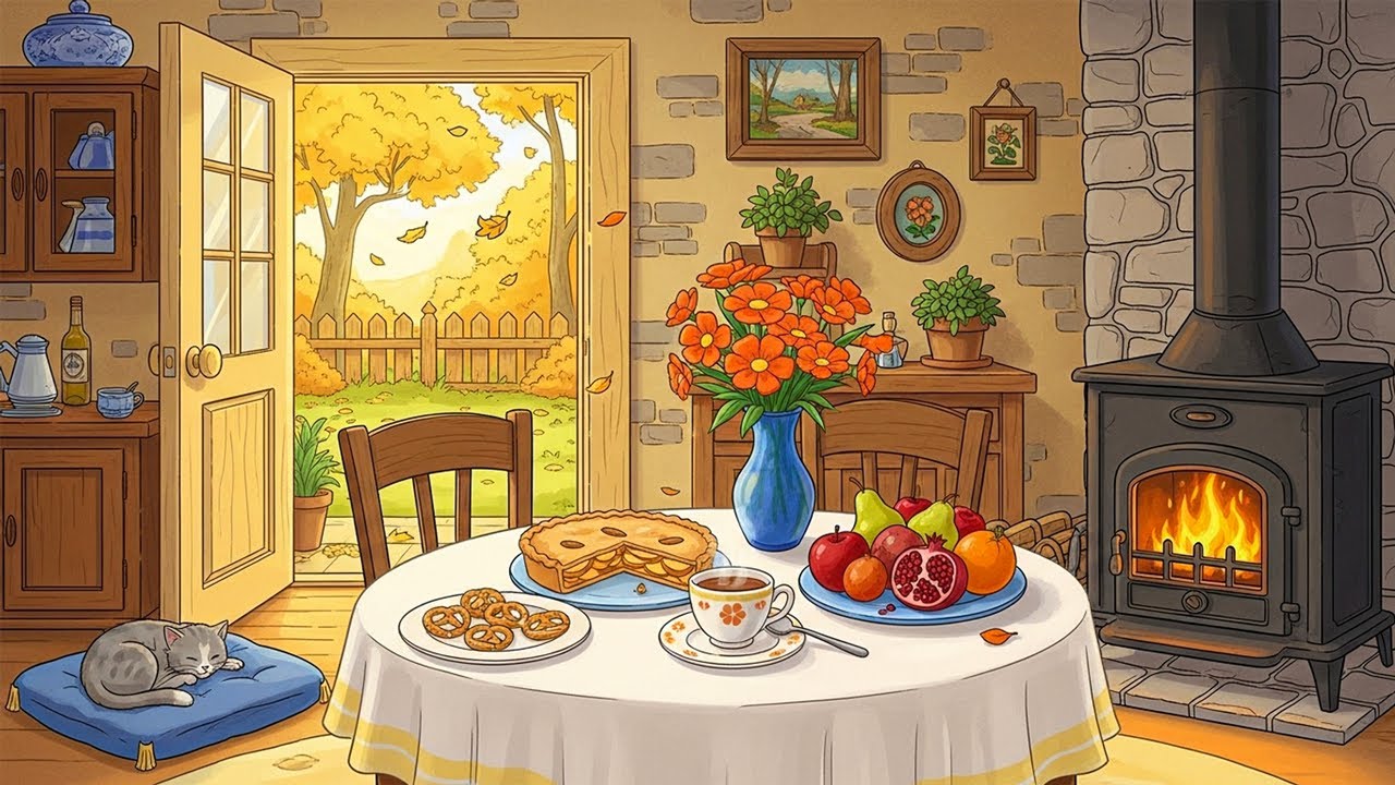 1950s Countryside Autumn Breakfast with Oldies Playing in Another Room (Fireplace & Cozy Vibes)