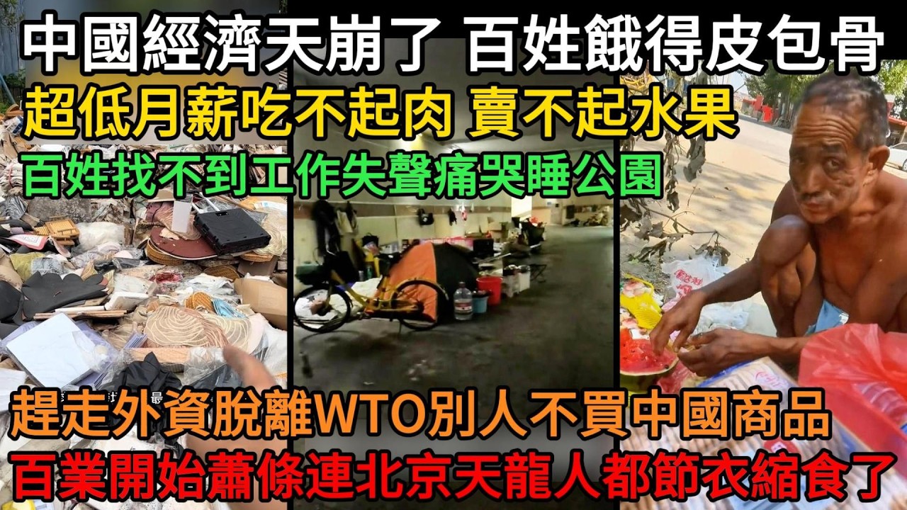 中國經濟天崩了，百姓餓得皮包骨，超低月薪吃不起肉、賣不起水果，百姓找不到工作睡公園失聲痛哭，趕走外資脫離WTO，外國人不再購買中國商品，百業開始蕭條，連北京天龍人都節衣縮食了#中國