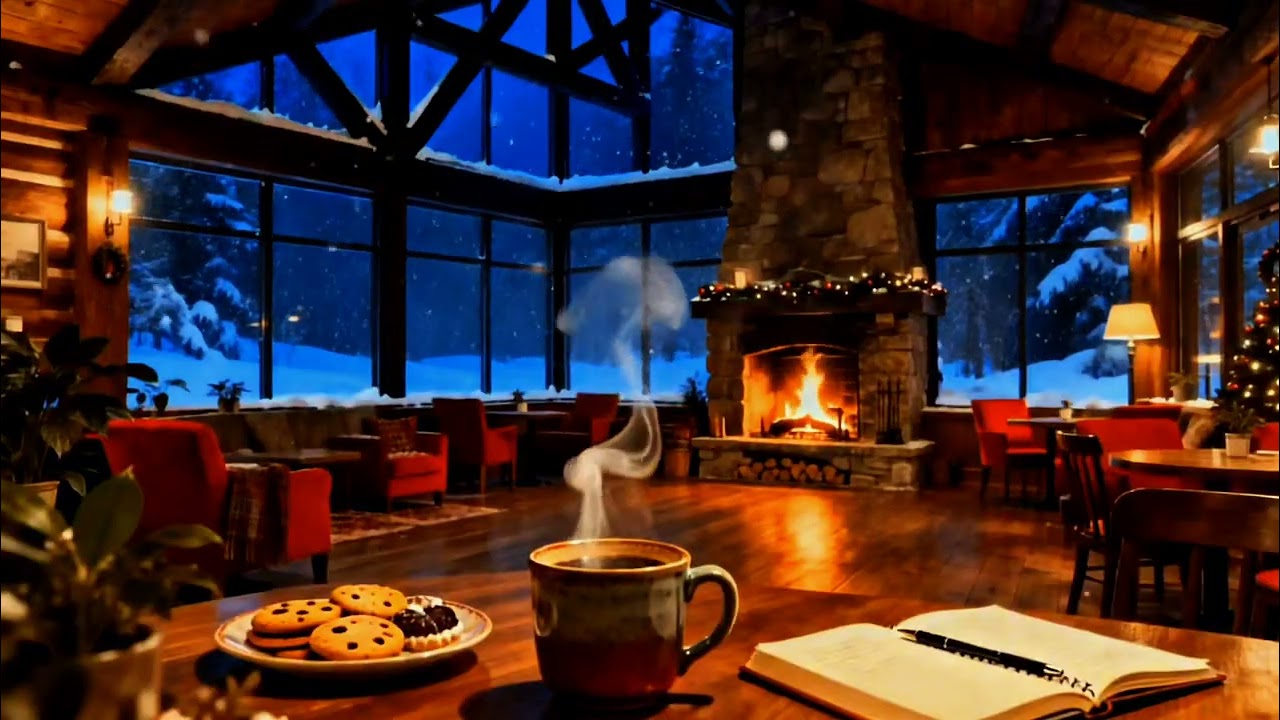 Winter Night Coffee Shop Jazz ❄️ Warm Fireplace & Gentle Snowfall for Peaceful Focus