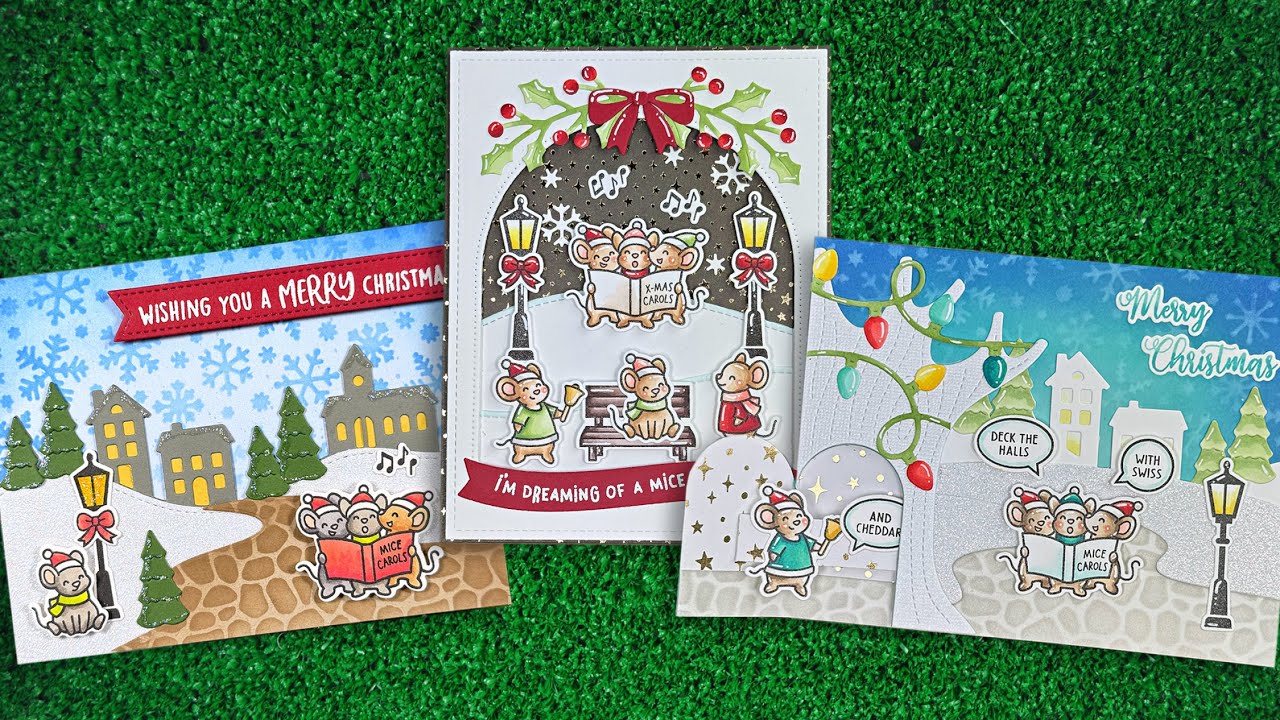 Intro to Caroling Mice, Village Hillside Border, Cobblestone Stencil & Snowflake Stencil + 3 cards