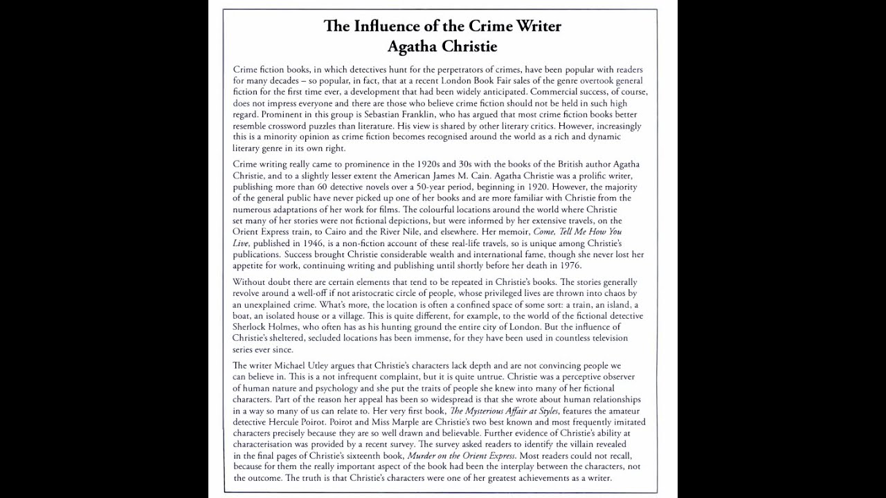 Walk thruogh for reading passage 3 - The influence of the crime write Agatha Christie - Trainer 2 T5