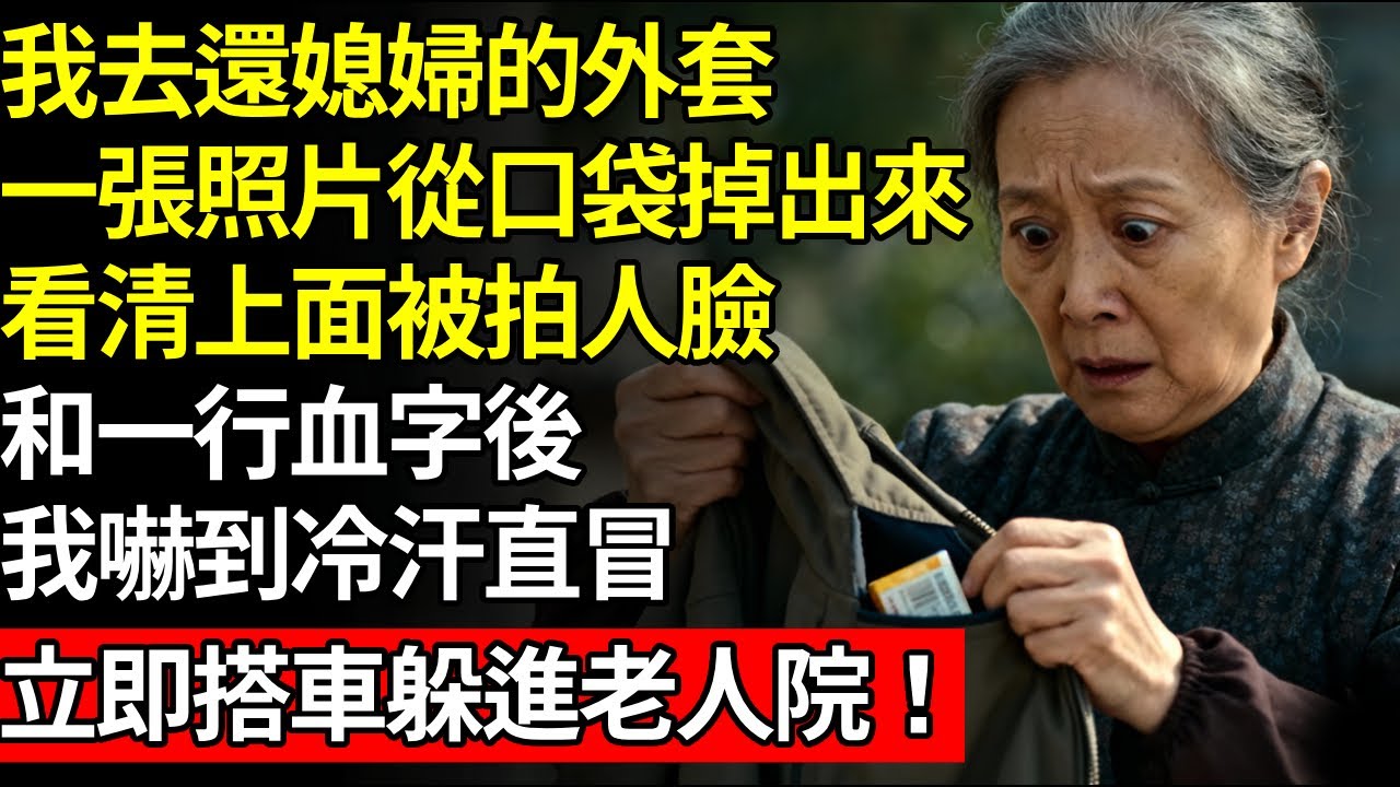我去還媳婦的外套，一張照片從口袋裡掉了出來，看清上面被拍人臉，和一行血字後我嚇到冷汗直冒，立即叫車躲進養老院#養老#不孝子#人間家事#退休金