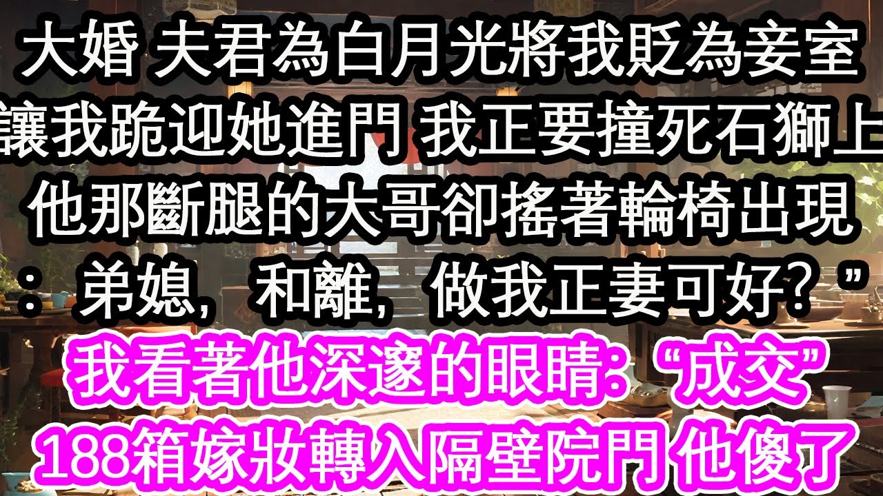 大婚 夫君為白月光將我貶為妾室讓我跪迎她進門 我正要撞死石獅上他那斷腿的大哥卻搖著輪椅出現：弟媳，和離，做我正妻可好？”我看著他深邃的眼睛：“成交”188箱嫁妝轉入隔壁院門 他傻了【花開】【愛情】