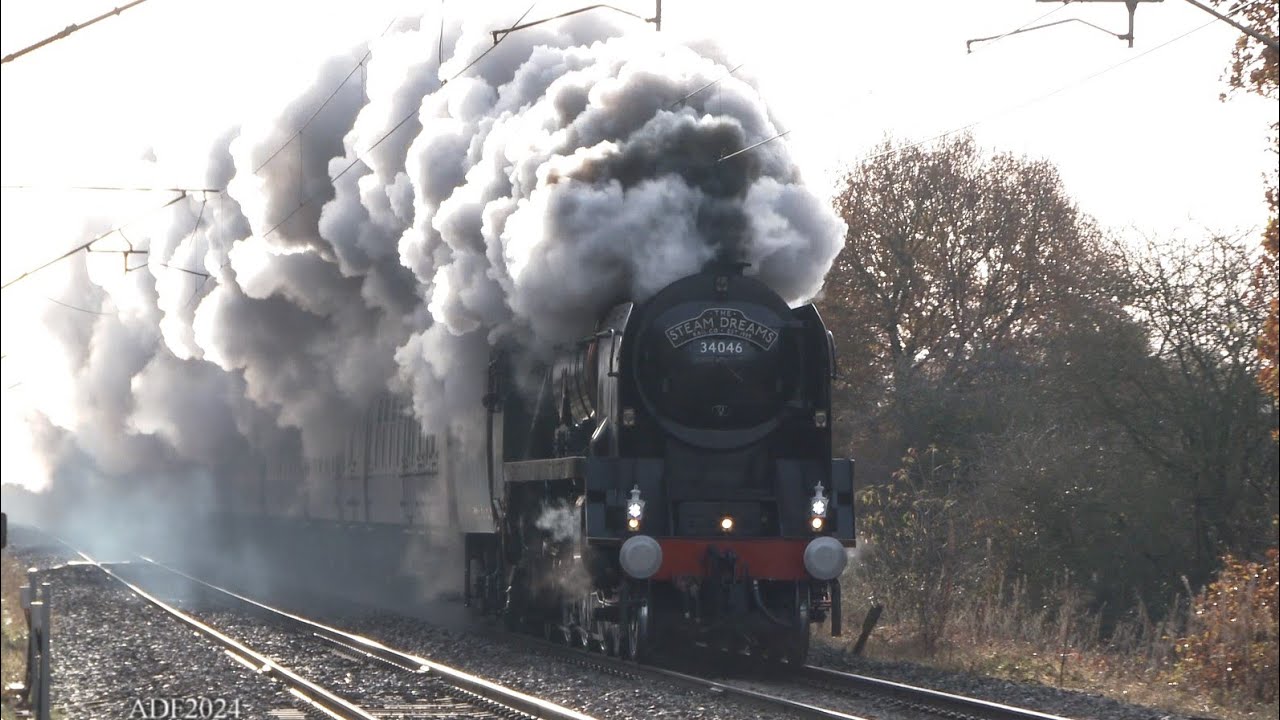 UK - 34046 Braunton is spectacular at 72mph on the ECML to York, 28th November 2024