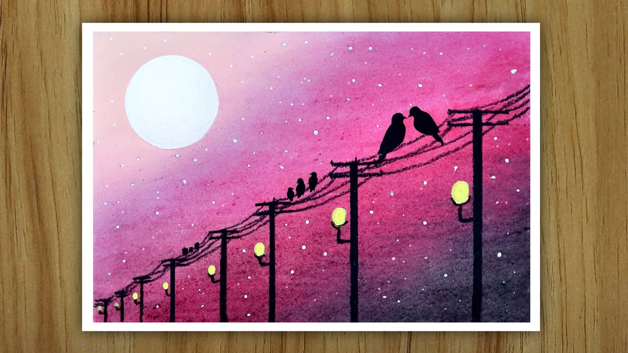 Moonlight night scenery drawing, Easy Scenery drawing for beginners with oil pastel