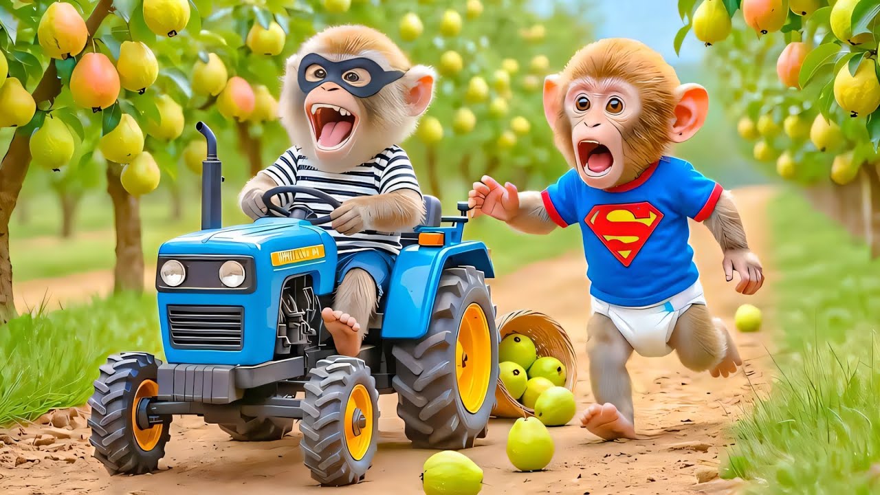 Farmer monkey drives tractor to harvest guava and catches bad guy who intends to steal the car!