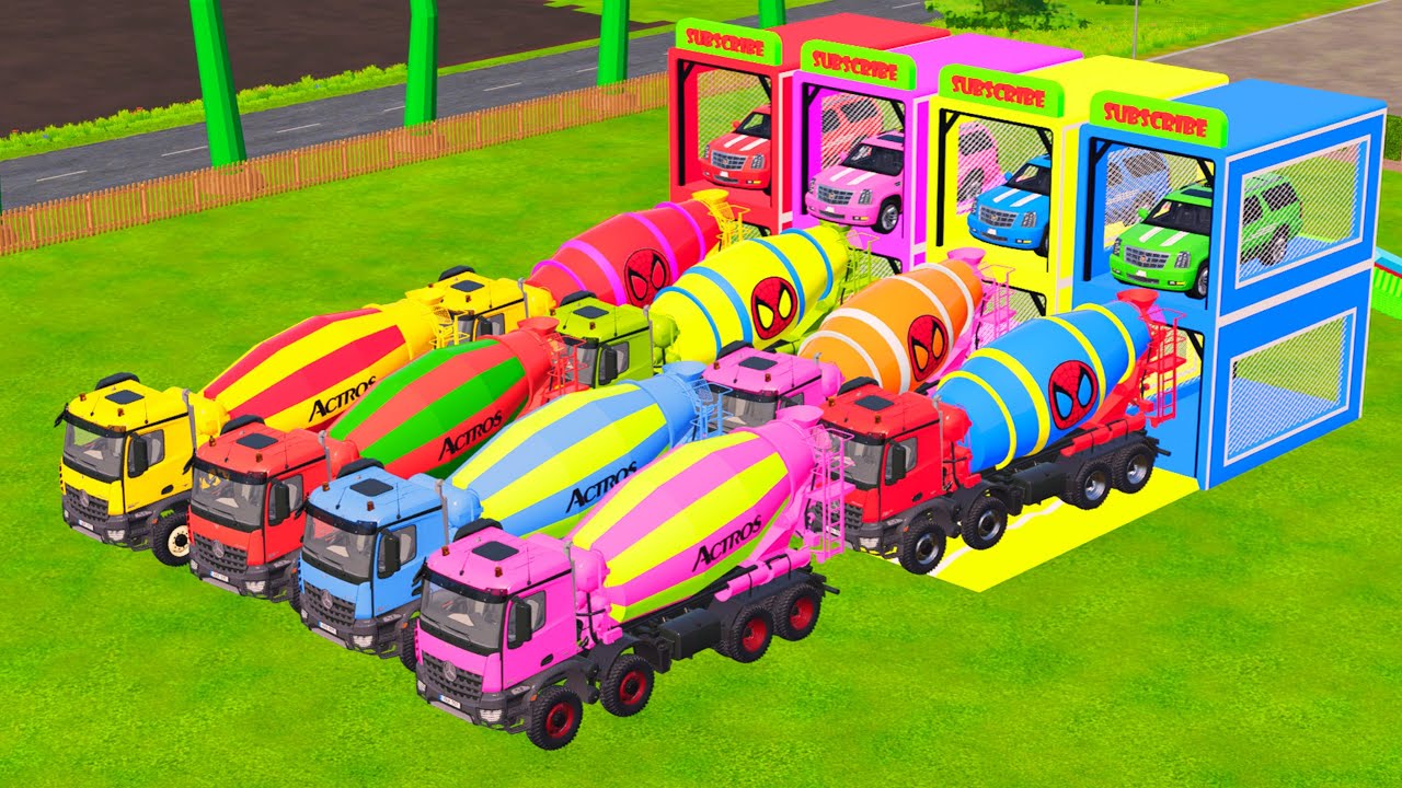 Garage with Colors - ALL MIXER TRUCK WITH DOUBLE FLATBED TRAILER TRUCK MIXER FS22