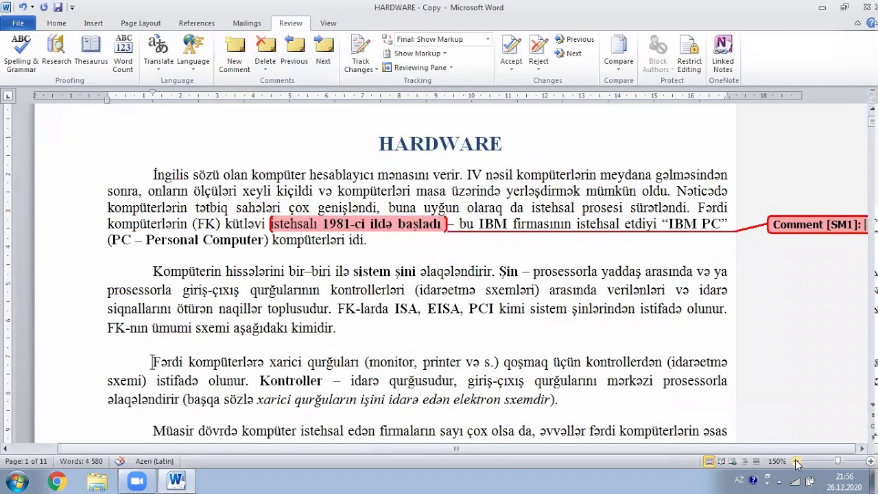 MS WORD dərs-11, Review lent tabı