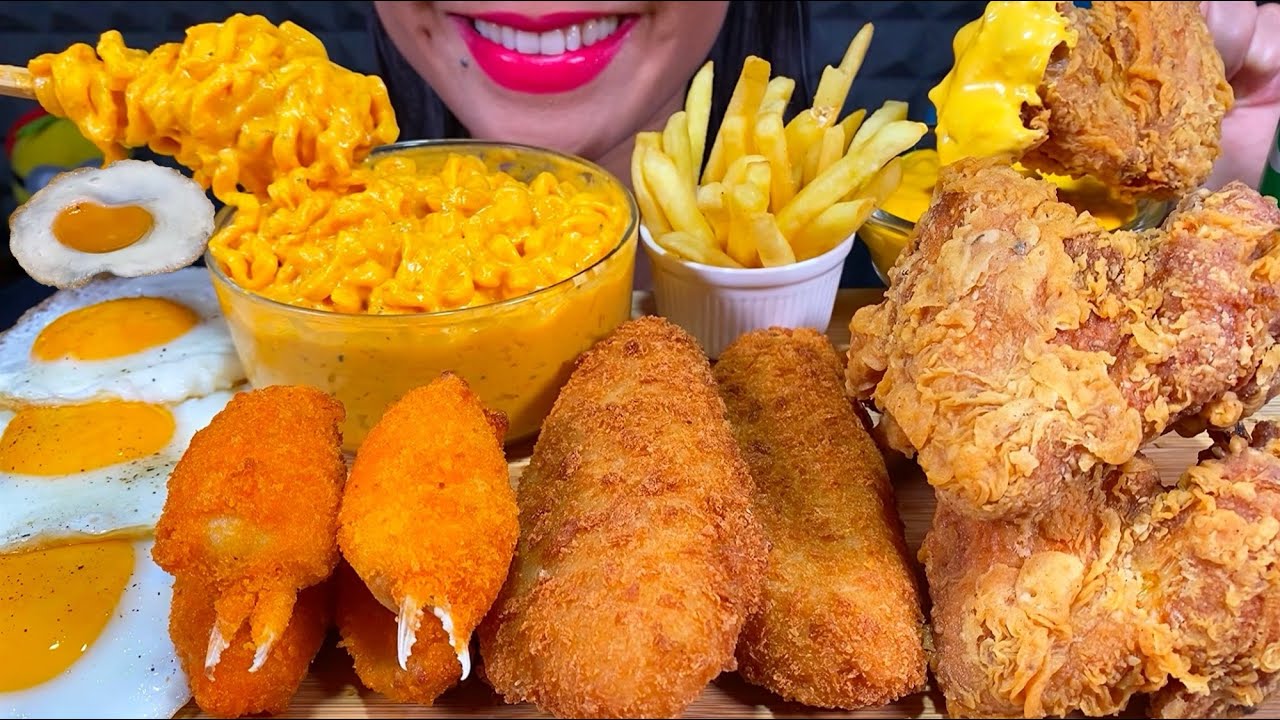 ASMR CHEESY SPICY NOODLES, FISH & CHIPS, FRIED CHICKEN, FRIED CRAB CLAW, EGGS MASSIVE Eating Sounds