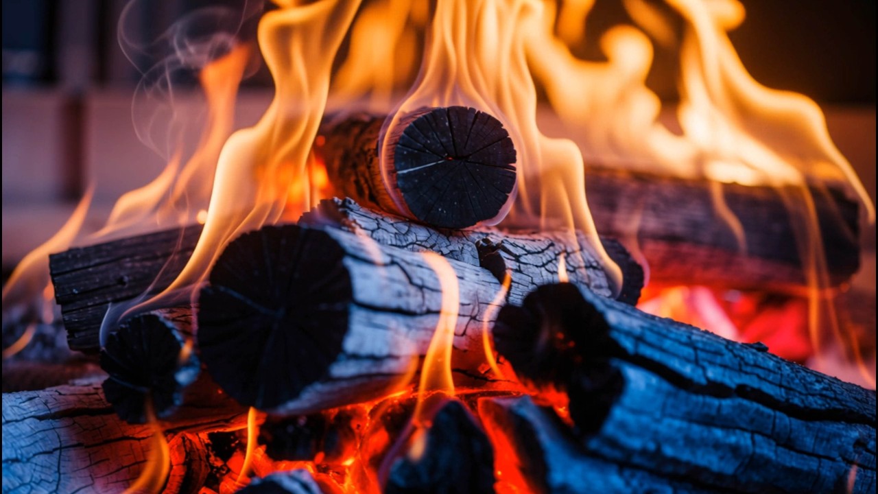 🔥 Unwind with a Warm Fireplace Featuring Burning Logs and Comforting Orange Flames