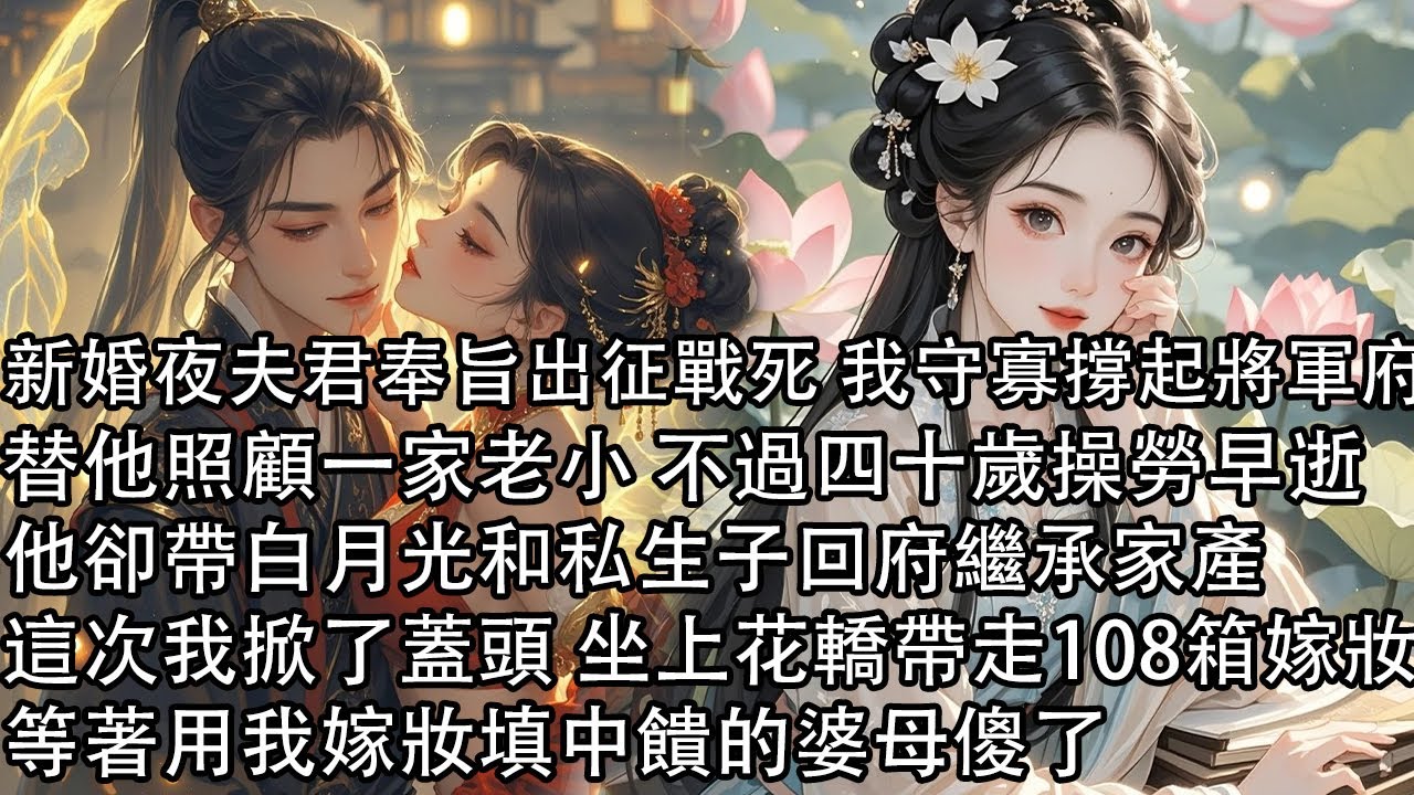 【一口氣看完】新婚夜夫君奉旨出征戰死 我守寡撐起將軍府，替他照顧一家老小 不過四十歲操勞早逝，他卻帶白月光和私生子回府繼承家產，這次我掀了蓋頭 坐上花轎帶走108箱嫁妝，等著用我嫁妝填中饋的婆母傻了