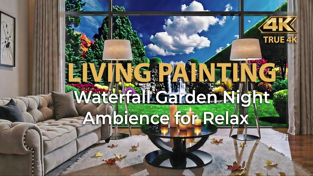 4K Window View Living Painting | Waterfall Garden Night Ambience for Relax, Focus & TV Wall Art