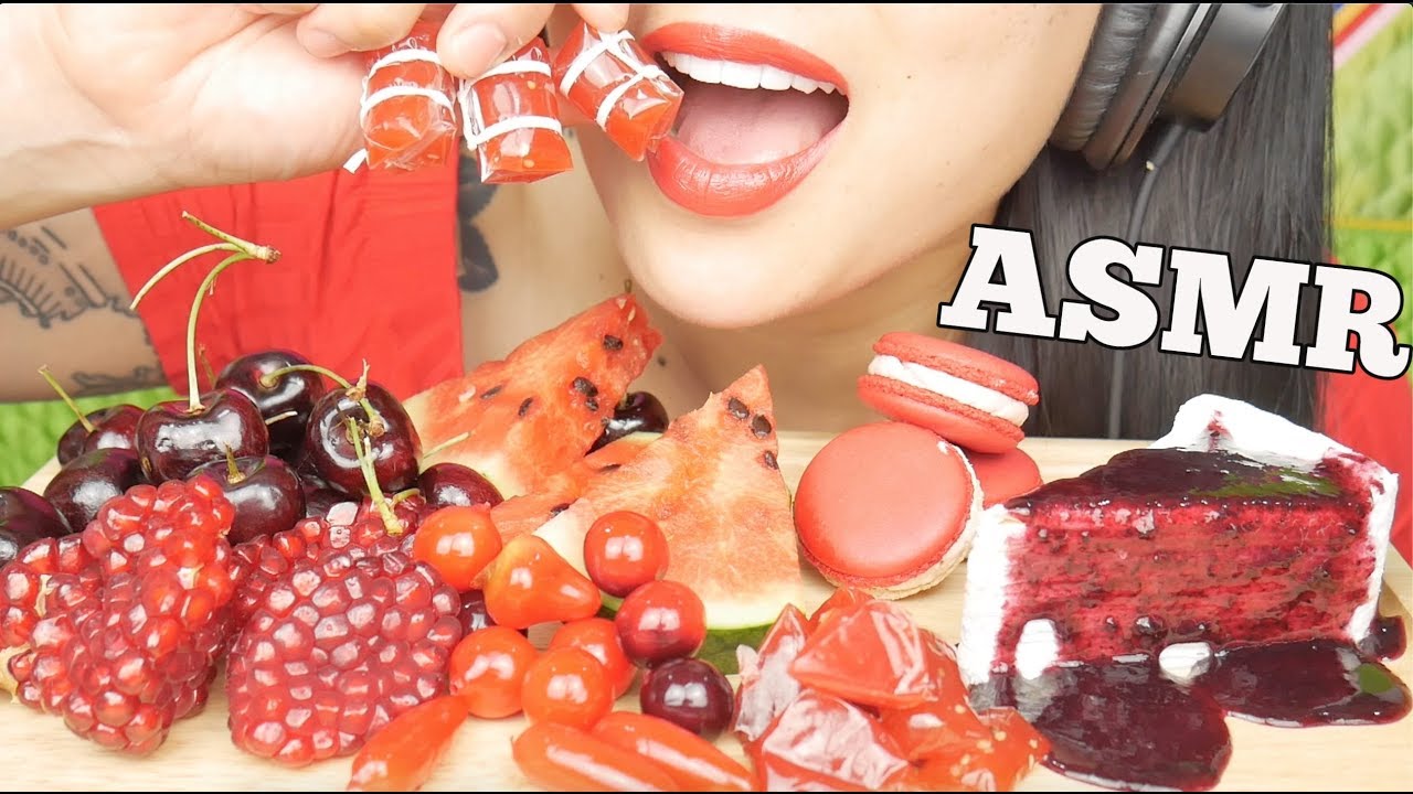 ASMR RED MACARON CHERRY CREPE CAKE WATERMELON LUK CHUP (EATING SOUNDS) NO TALKING | SAS-ASMR
