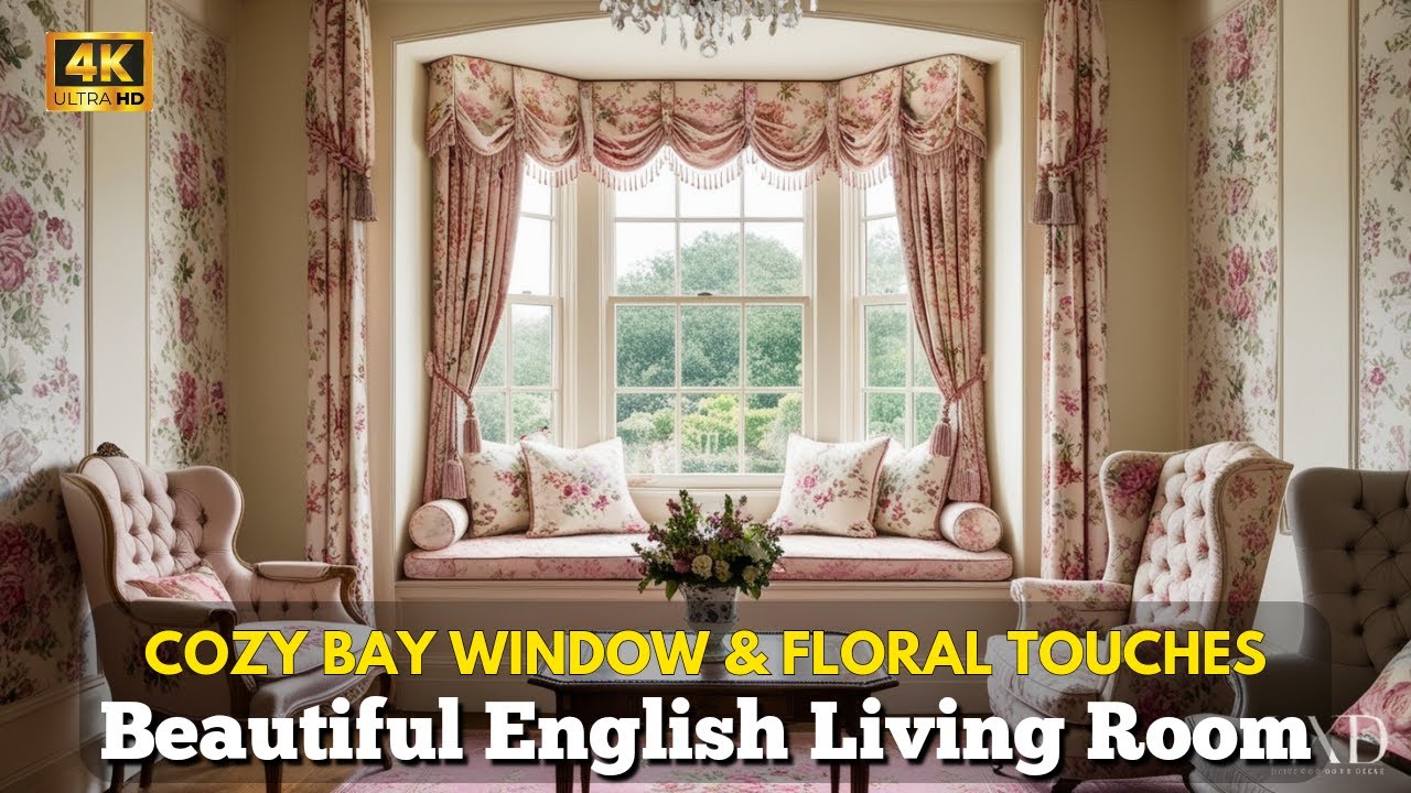 🌸 Elegant Living Room Design with Beautiful Floral Prints & a Bay Window Nook for Relaxing at Home 🏡
