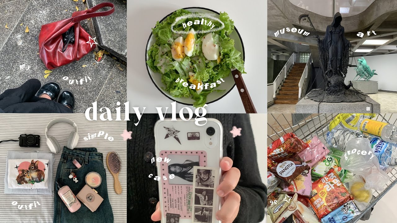 daily vlog🐇🙇🏻‍♀️ : productive day , making room , grocerry , cute outfit , cafe , go museum , food👀🥯