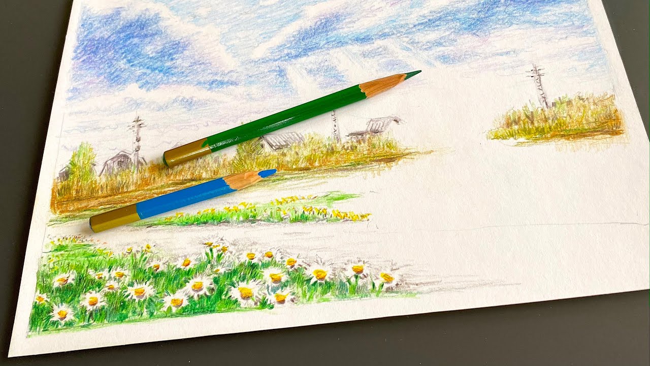 How to draw a girl riding a bike / Sunlit meadow landscape