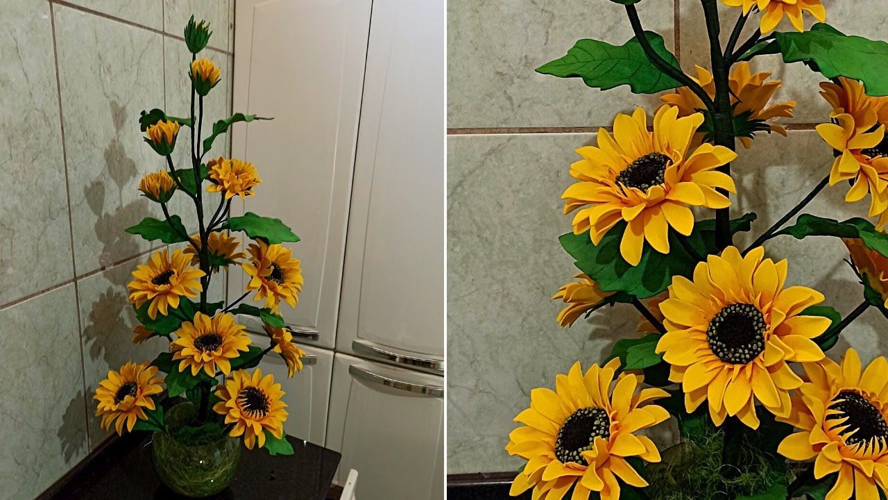 Girassois sem frisador   miolo feito com sagú lindo centro de mesa 88 cm altura