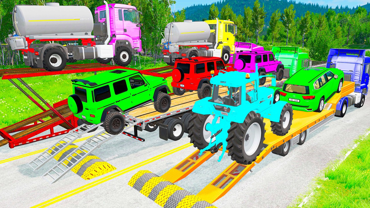 Triple Flatbed Trailer McQueen Transportation with Truck - Speedbumps vs Cars vs Train - BeamNG #1