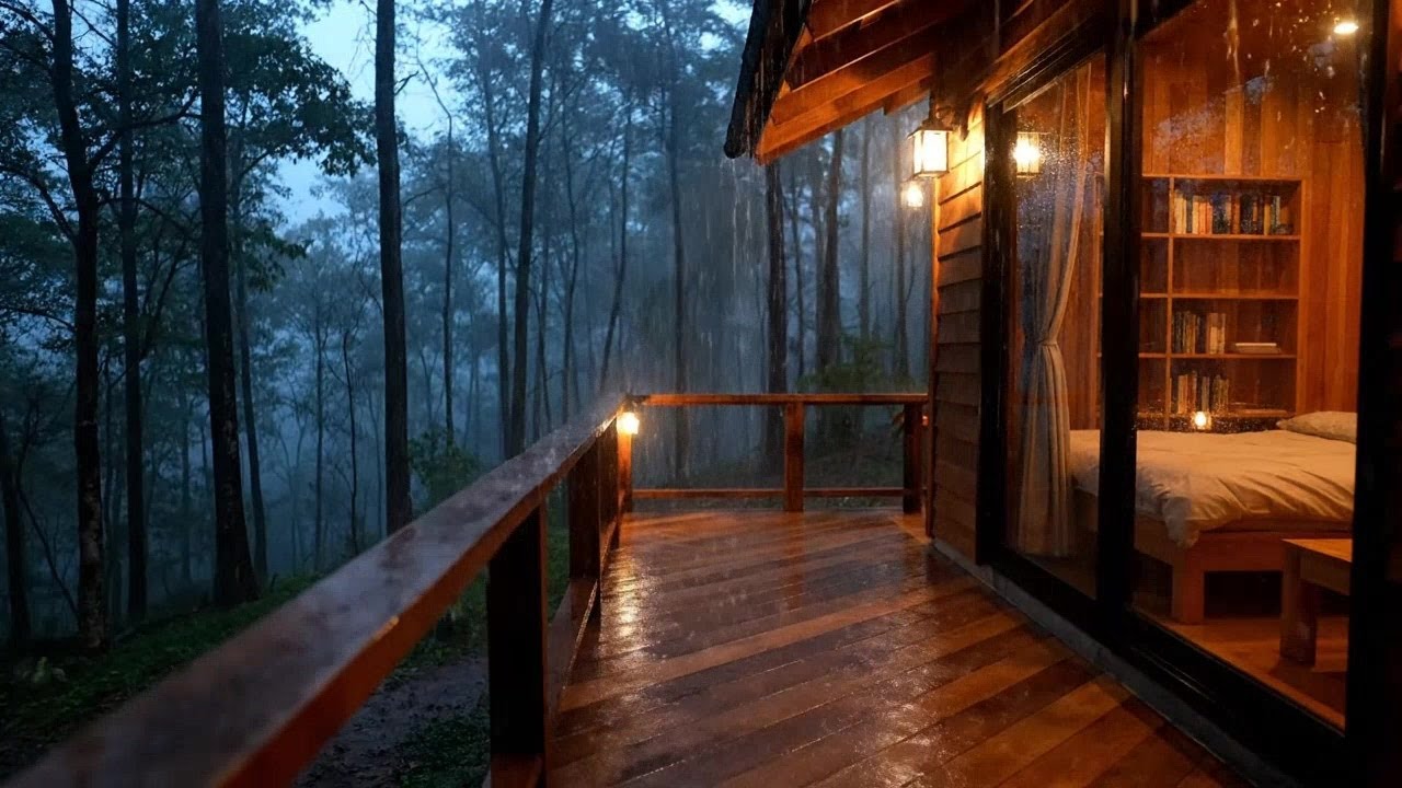 Rain ASMR - a Cozy Wooden Cabin Within a Misty Forest - 1 Hour Loop for Sleep, Relax & Study
