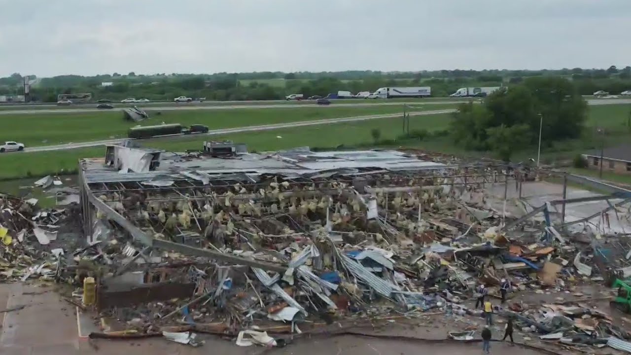 Significant damage caused by a tornado in Marietta, Oklahoma
