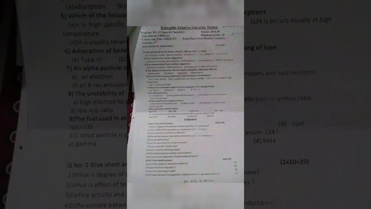 Bs chemistry 6th semester past papers Bzu multan