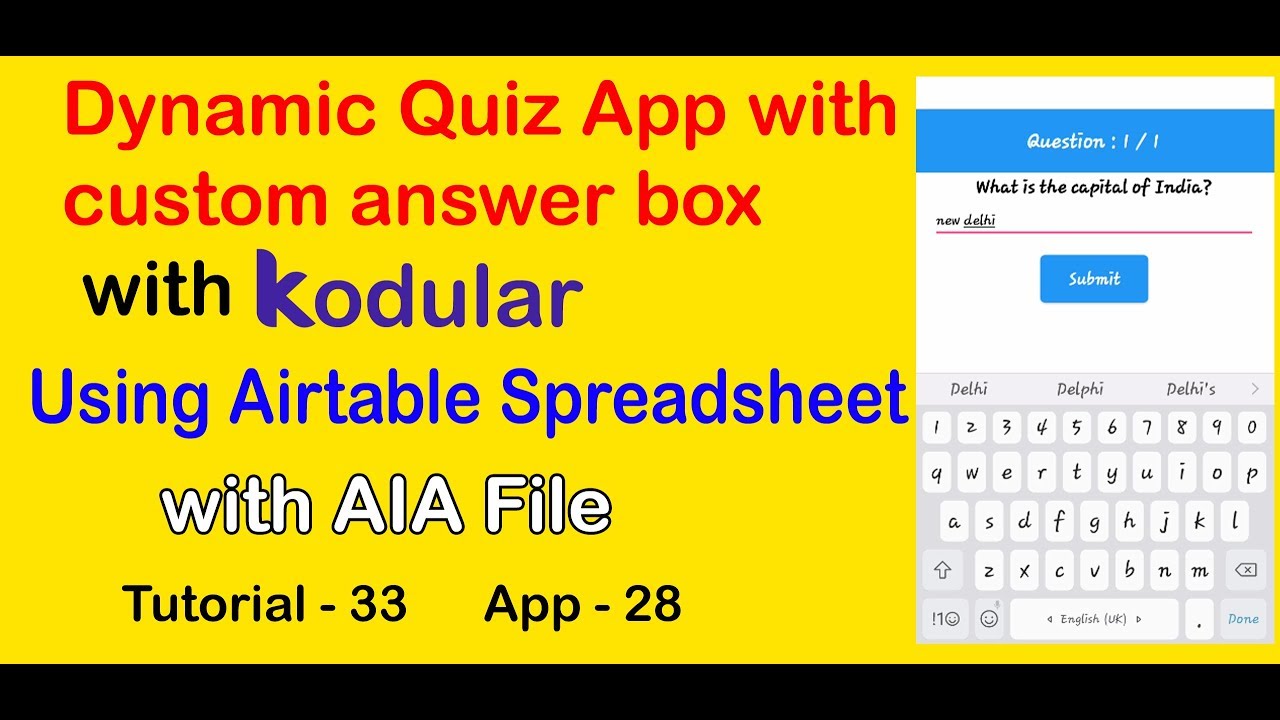 Dynamic Quiz App with Custom Answer Box | Airtable Spreadsheet || with Kodular
