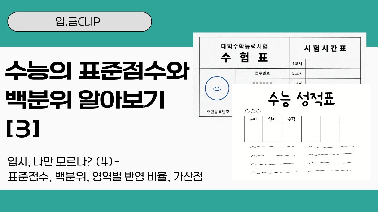 [입.금CLIP] 수능의 표준점수와 백분위 알아보기 [3]- 입시, 나만 모르나? (4)- 표준점수, 백분위, 영역별 반영 비율, 가산점