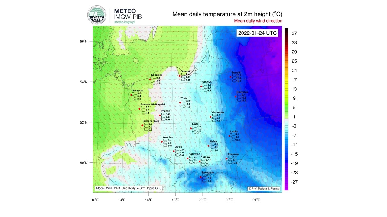 IMGW-PIB: Prognoza WRF-GFS Medium (max./śr./min. temp. na 2 m w &deg;C) od 14.01 do 28.01.2022 w Polsce