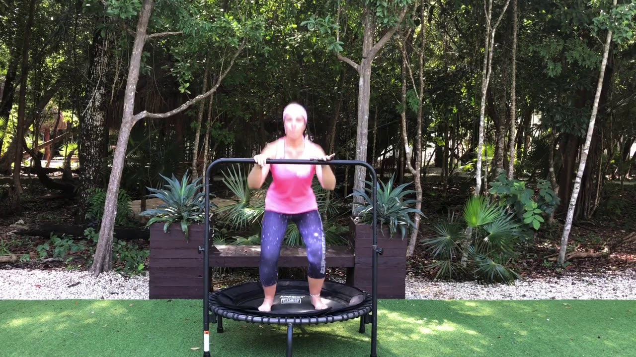 25 Minutes Low Impact Beginners Rebounding Workout with Stability Bar on a JumpSport Trampoline.