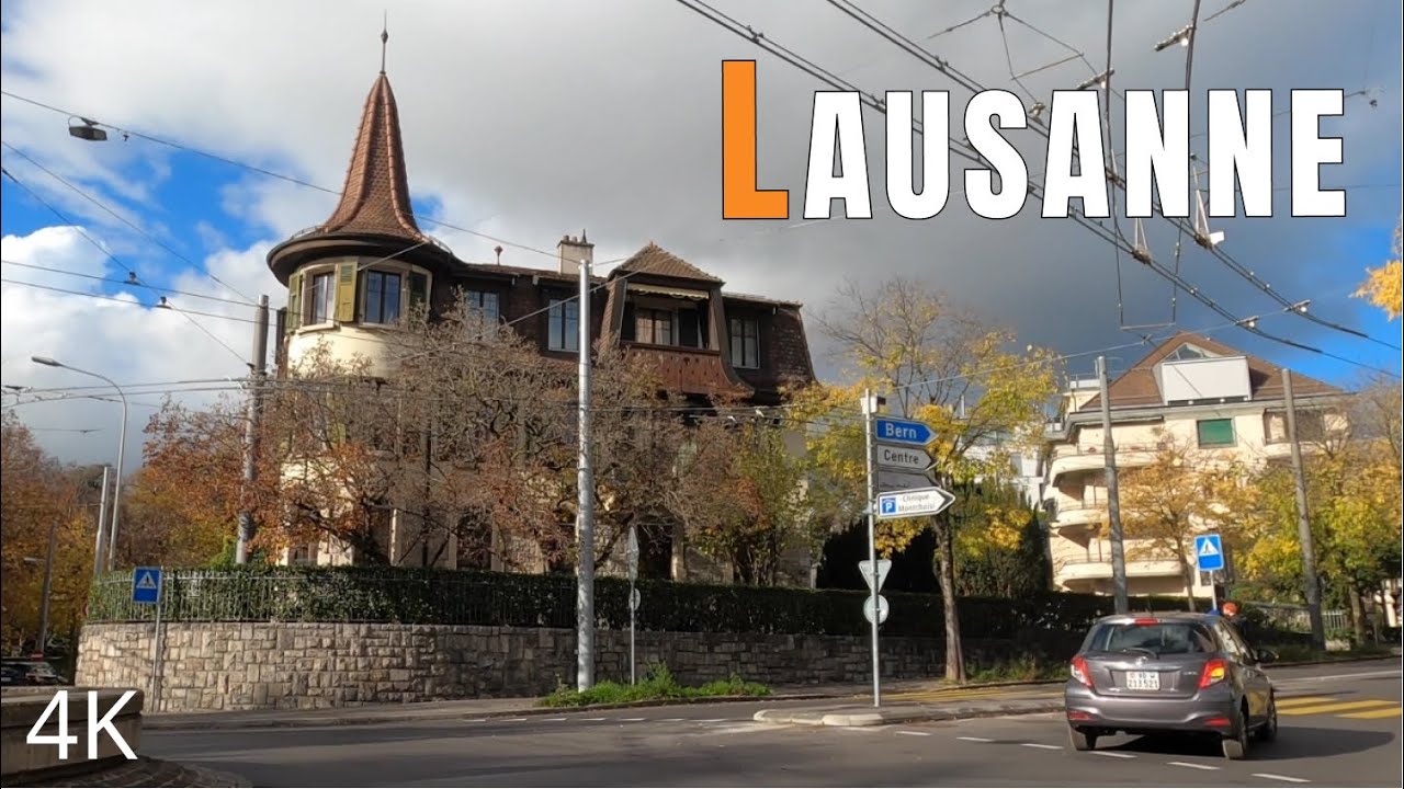 Jazda po centrum - Lozanna - stolica olimpijska. Szwajcaria 4K