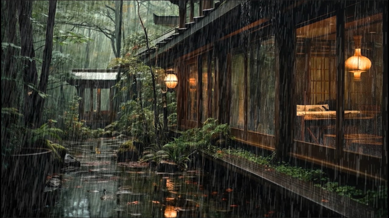 Сильный дождь в уютном лесном рёкане 🌧️ Звуки дождя в саду способствуют глубокому сну, концентрации