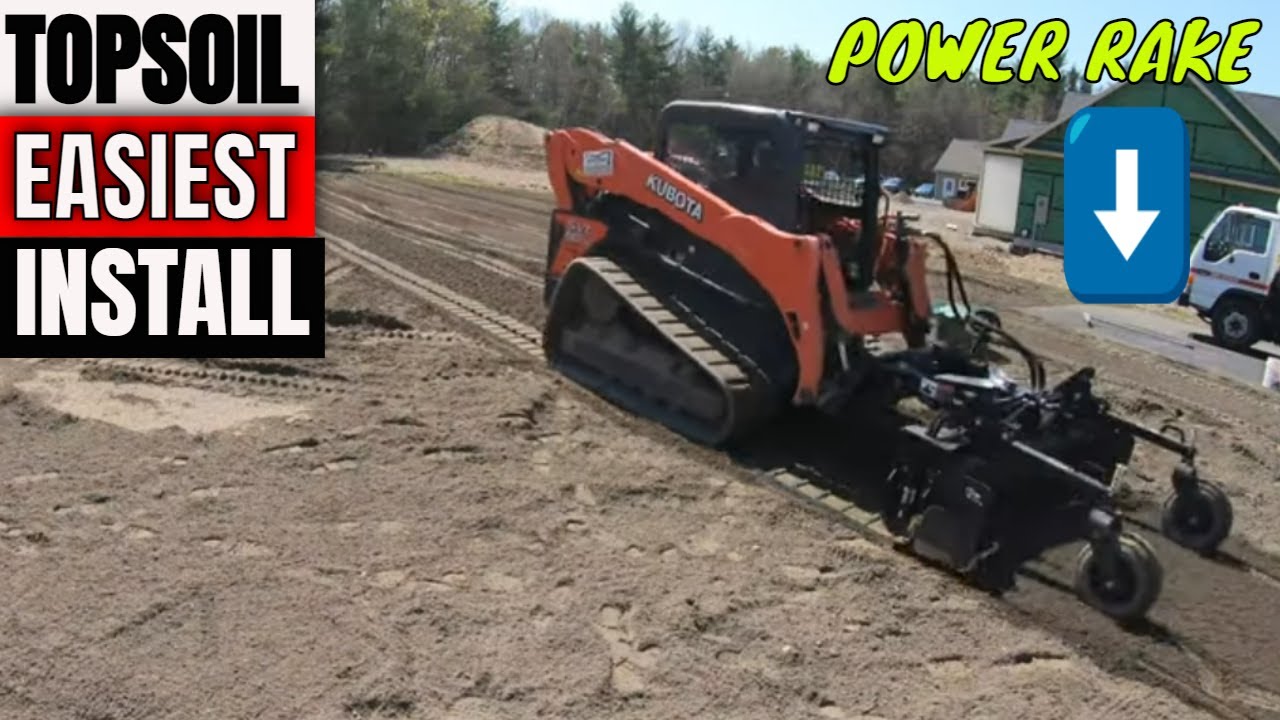 NEW Lawn install with Harley Rake & Kubota SVL90-2 Skid loader spreading topsoil