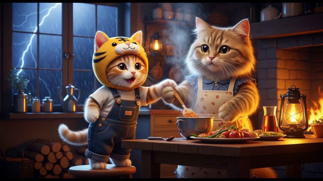 Welcome Home Dad! Cat Family Prepares Dinner on a Stormy Night